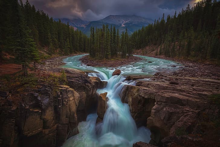 Wald, Bäume, Berge, Fluss, Wasserfall, Kanada, Albert, Alberta, Insel, Jasper National Park, Sunwapta Falls, Sunwapta River, HD-Hintergrundbild
