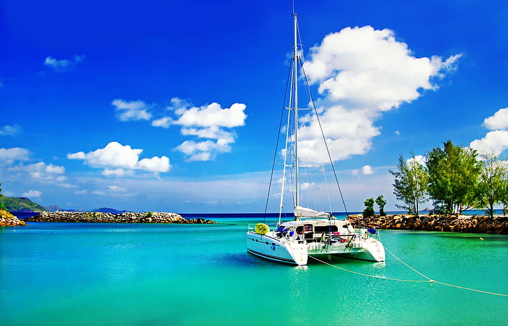 white catamaran, catamaran, boat, sea, sky, clouds, HD wallpaper
