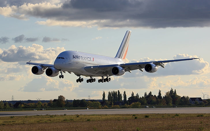 pesawat AirFrance putih, A380, Airbus, Aviatoin, Airfrance, Landing, Wallpaper HD