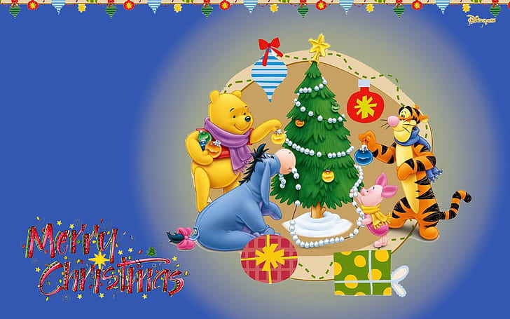 God jul Winnie the Pooh som dekorerar julgranen, gåvor, tecknad fotobordsdator Hd Bakgrund 1920 × 1200, HD tapet