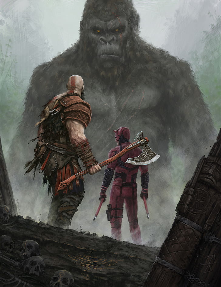 God of War, Kratos, King Kong, Daredevil, кросоувър, God of War (2018), Kong: Skull Island, HD тапет, тапет за телефон