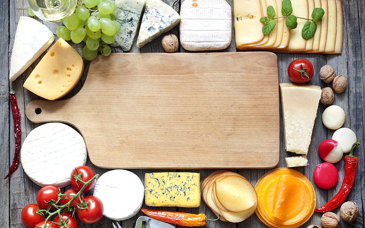 brown wooden chopping board, food, lunch, photography, colorful, bird's eye view, cheese, tomatoes, grapes, wooden surface, peppers, HD wallpaper