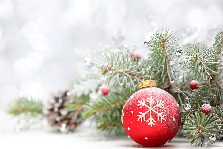 adorno de Navidad rojo y blanco, escarcha, ramas, rojo, resplandor, vacaciones, juguete, bola, año nuevo, agujas, bokeh, Fondo de pantalla HD