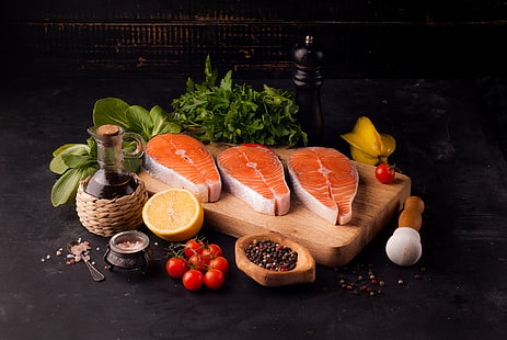 Comida, pescado, aceite, salmón, mariscos, bodegones, tomate, Fondo de pantalla HD HD wallpaper