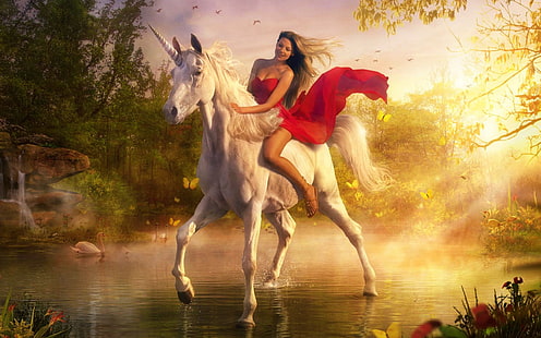 woman riding unicorn wallpaper, water, girl, tale, unicorn, HD wallpaper HD wallpaper