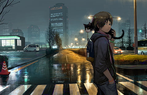 Anime, originale, ragazzo, edificio, gatto, occhi verdi, notte, pioggia, strada, Sfondo HD HD wallpaper