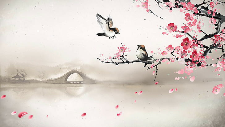 Рисуване Cherry Blossom Birds Flowers HD, дигитално / произведения на изкуството, рисуване, цветя, птици, цвят, череша, HD тапет