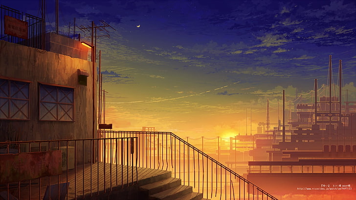 braunes und weißes konkretes Gebäude, Stadt, Sonnenuntergang, industriell, Sonnenlicht, Anime, HD-Hintergrundbild