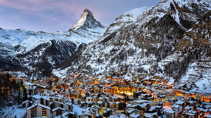 Matterhorn, Alpy Szwajcarskie, miasto, światła, Zermatt, architektura, krajobraz, Szwajcaria, góry, śnieg, zima, miasto, fotografia, Tapety HD