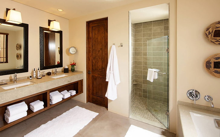 brown wooden full-lite door, bathroom, furniture, style, interior, design, HD wallpaper