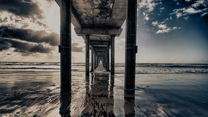 beach, bridge, reflection, perspective, horizon, HD wallpaper