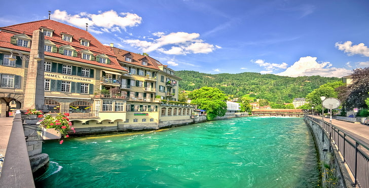 white and brown concrete building and body of water, Switzerland, hotel, river, hills, flowers, forest, water, summer, landscape, nature, clouds, trees, HD wallpaper