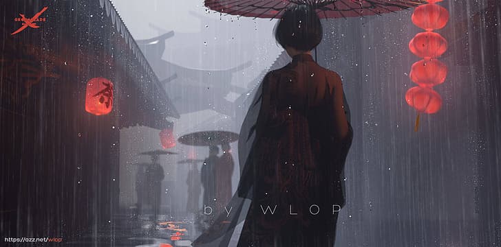 WLOP, Ghost + Blade, anime girls, umbrella, HD wallpaper