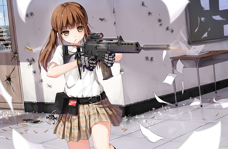 gadis memegang ilustrasi senapan, Gadis Gunslinger, karakter asli, G36, anime, gadis anime, Yuri Shoutu, Heckler dan Koch G36, HandK G36, senjata, penekan, gadis dengan senjata, Wallpaper HD