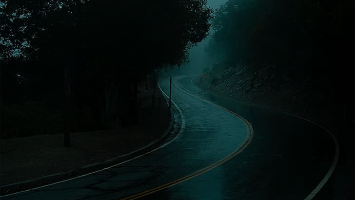 road, mist, dark, night, rain, nature, HD wallpaper