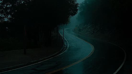 route, brouillard, sombre, nuit, pluie, nature, Fond d'écran HD HD wallpaper