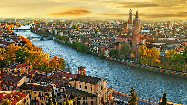 Верона, градски пейзаж, воден път, градска зона, забележителност, силует, венето, Италия, небе, река Адидж, очарователен, река, HD тапет