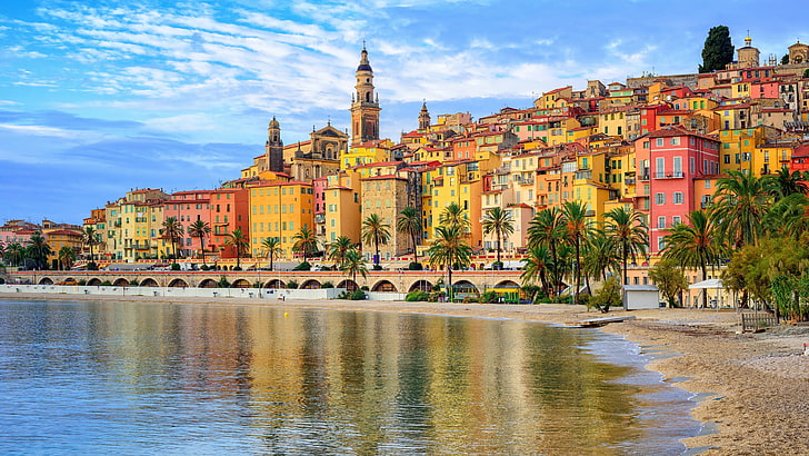 menton, town, waterway, sky, france, tourism, water, tourist attraction, river, cityscape, sea, coast, tree, coastal town, colorful houses, europe, HD wallpaper