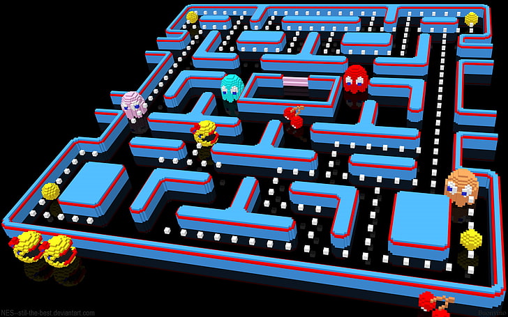 Pac-Man spelapplikation skärmdump, pixlar, pixelkonst, 3D, svart bakgrund, kub, digital konst, videospel, Pac-Man, reflektion, HD tapet