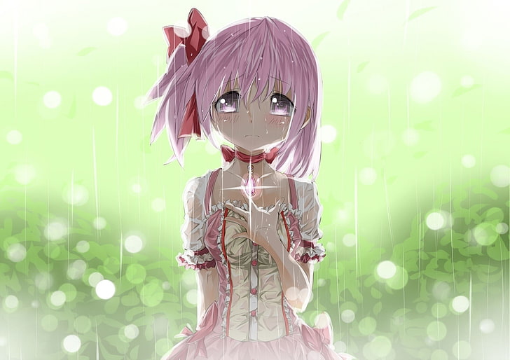 pink-haired female anime illustration, madoka, girl, anime, cry, HD wallpaper