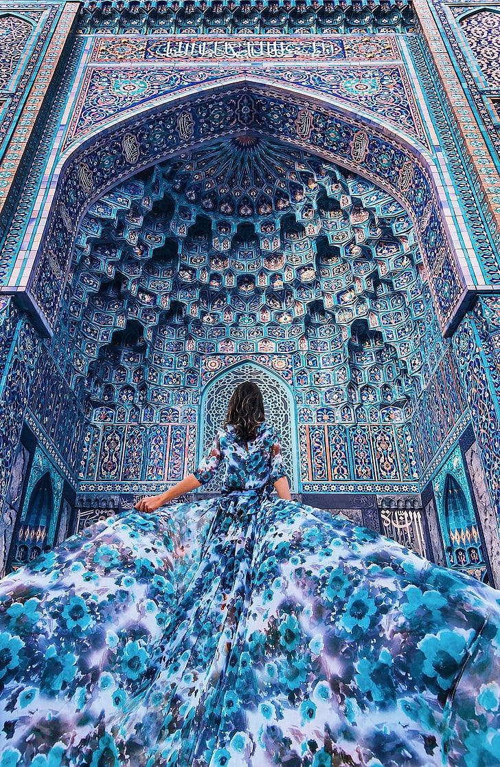 платье, мечеть, женщины, голубое платье, фотография, HD обои, телефон обои