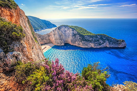 Erde, Ozean, Strand, Klippe, Blume, Griechenland, Horizont, Navagio Beach, Meer, HD-Hintergrundbild HD wallpaper