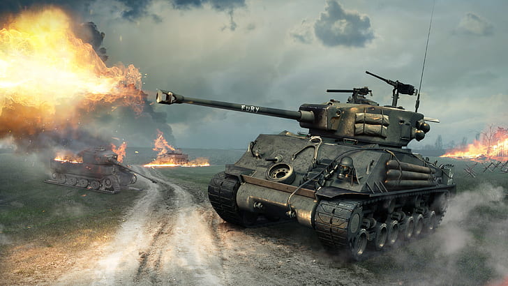 The sky, Clouds, Trees, Smoke, Fire, Iron, Trunk, Sparks, USA, Flame, Shot, Rage, WoT, Sherman, World Of Tanks, Wargaming Net, Fury, Medium Tank, Dust, World of Tanks: Blitz, World of Tanks: Xbox 360 Edition, M4A3E8 Sherman, M4A3E8 Sherman Fury, HD wallpaper