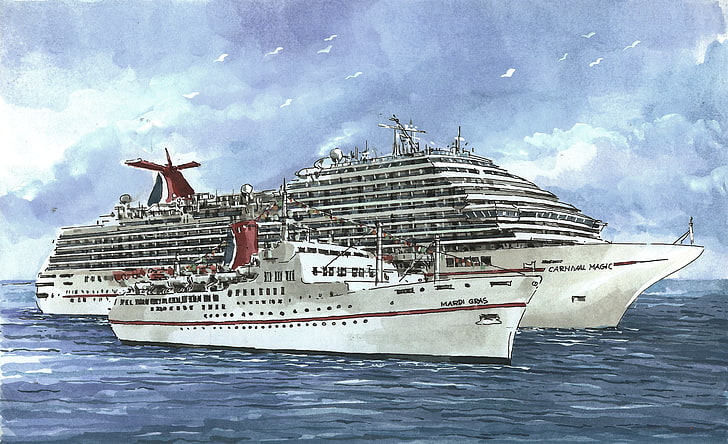 white cruise ship, The sky, Sea, Figure, Liner, The ship, Mardi Gras, Carnival Magic, HD wallpaper