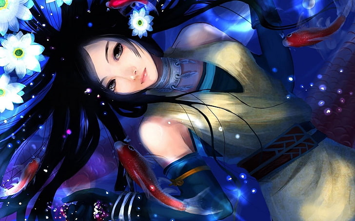 black haired female anime character, fantasy art, HD wallpaper