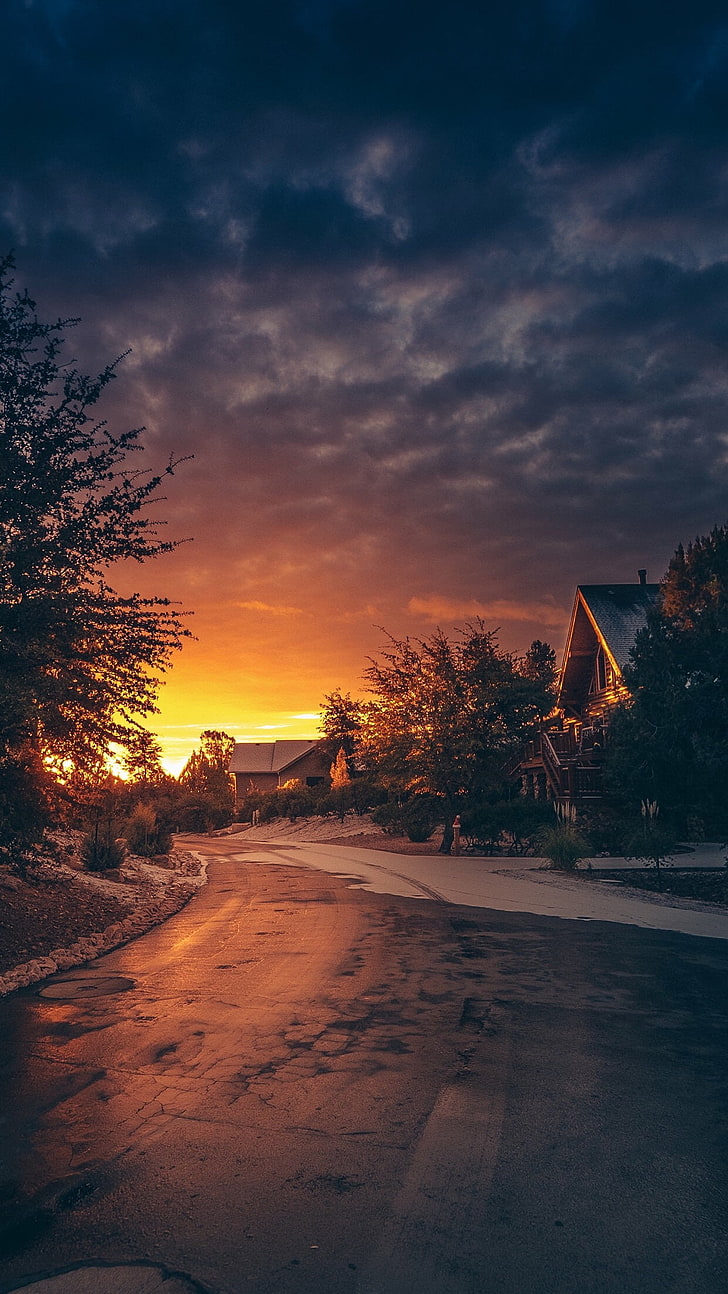 graue Straße, Landschaft, goldene Stunde, Winter, Sonnenuntergang, HD-Hintergrundbild, Handy-Hintergrundbild