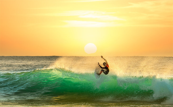white surfboard, tropical, sea, surfing, waves, Sun, HD wallpaper