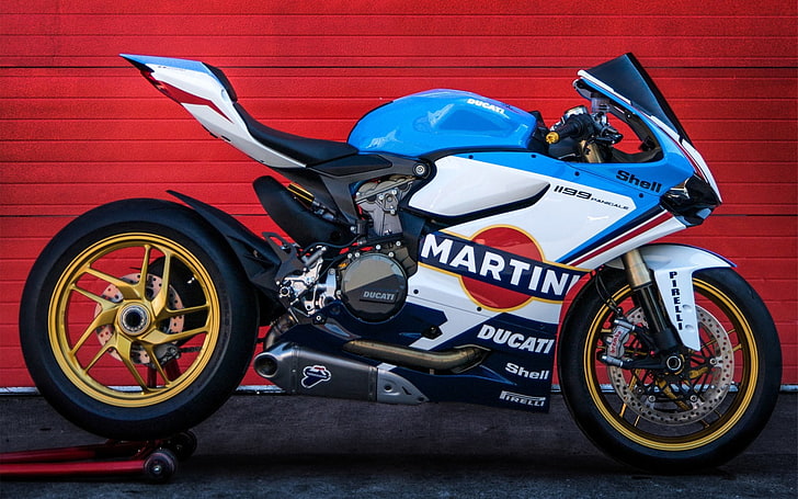 blau, weiß und schwarz Ducati Sportfahrrad, Ducati, 1199, Motorrad, Panigale, Martini, Martini Racing, Superbike, HD-Hintergrundbild