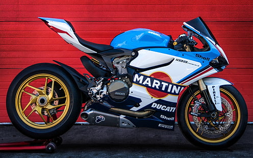 blue, white, and black Ducati sports bike, ducati, 1199, motorcycle, panigale, martini, martini racing, superbike, HD wallpaper HD wallpaper