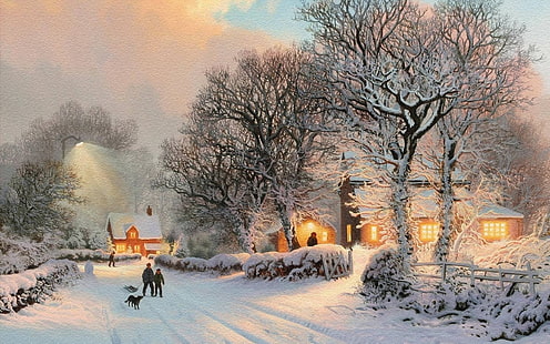 ภาพวาดธรรมชาติฤดูหนาวหิมะต้นไม้งานศิลปะ thomas kinkade Nature Seasons HD Art, ฤดูหนาว, ธรรมชาติ, ต้นไม้, หิมะ, งานศิลปะ, ภาพวาด, วอลล์เปเปอร์ HD HD wallpaper