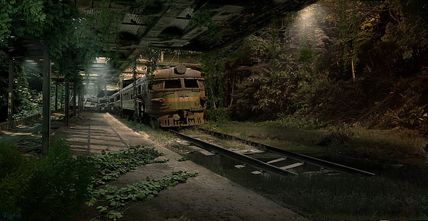 апокалипсис, железная дорога, цифровое искусство, заброшенный, поезд, метро, HD обои HD wallpaper