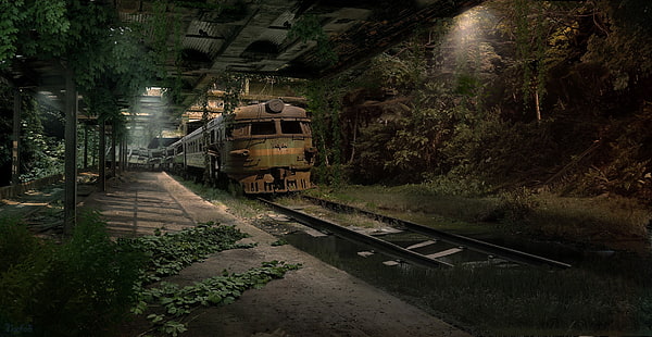 brunt och grönt tåg, digital konst, tunnelbana, tåg, järnväg, apokalyptisk, övergiven, HD tapet HD wallpaper