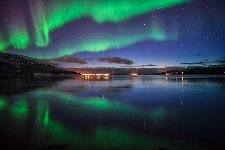 green aurora on sky reflected on body of water in distant of structures with lights, Double, Mystique, sky, body of water, distant, structures, tromso, aurora  borealis, northern  lights, sea, seaside, stars, night, red  green  blue, blue  reflection, mirror, star - Space, lake, aurora Borealis, nature, astronomy, landscape, aurora Polaris, galaxy, water, reflection, mountain, HD wallpaper
