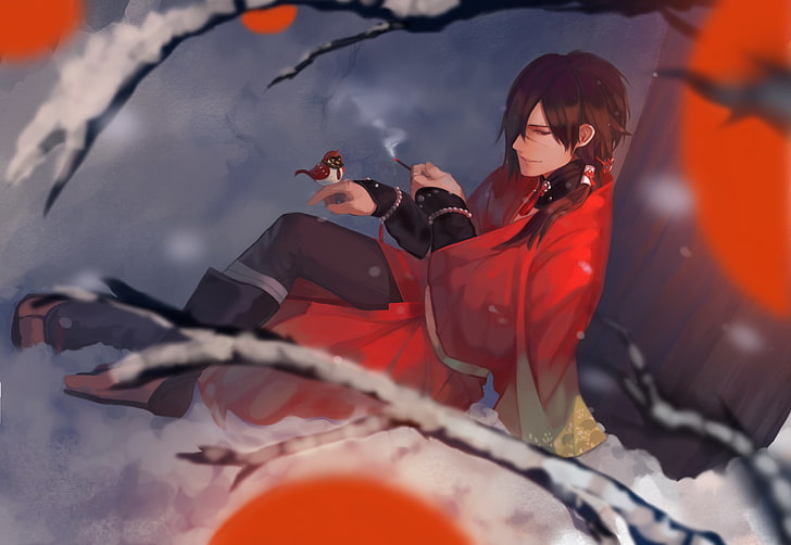 dramatical murder, koujaku, smiling, tree, snow, Anime, HD wallpaper