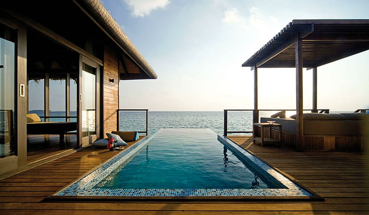Coco Palm Resort Maldives Water Bungalow, остров, палуба, плуване, син, атол, лагуна, джакузи, рай, Малдиви, почивка, HD тапет