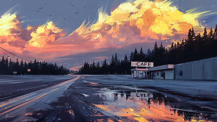 road, sunset, figure, art, Horizon, landscape, cafe, Aenami, by Aenami, Alena Aenam The, 2019, by Alena Aenami, HD wallpaper