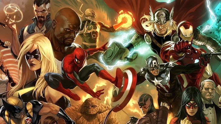 Comics, Marvel Comics, Ben Grimm, Capitán América, Dr. Strange, Hawkeye, Iron Fist, Iron Man, Ms.Marvel, Spider-Man, Spider-Woman, Thing (Marvel Comics), Thor, Wolverine, Fondo de pantalla HD