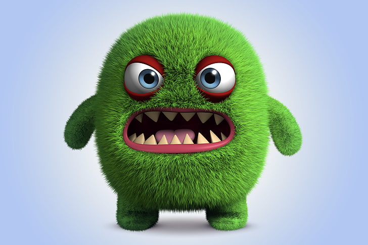grönt monster karaktär illustration, monster, tecknad film, karaktär, rolig, söt, arg, fluffig, HD tapet