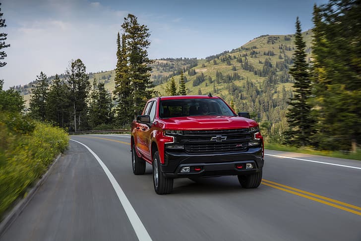 red, Chevrolet, pickup, Silverado, Z71, on the road, Trail Boss, 2019, Silverado LT, HD wallpaper