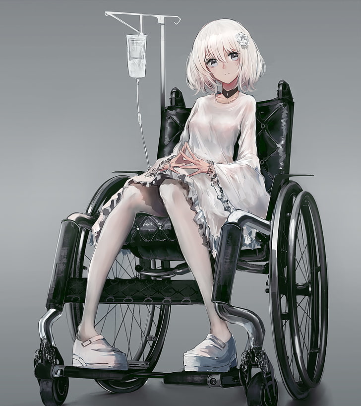 седой женский аниме персонаж сидит на черной инвалидной коляске с декстрозой, аниме, аниме девушки, белые волосы, инвалидная коляска, белое платье, колготки, капельница, HD обои, телефон обои