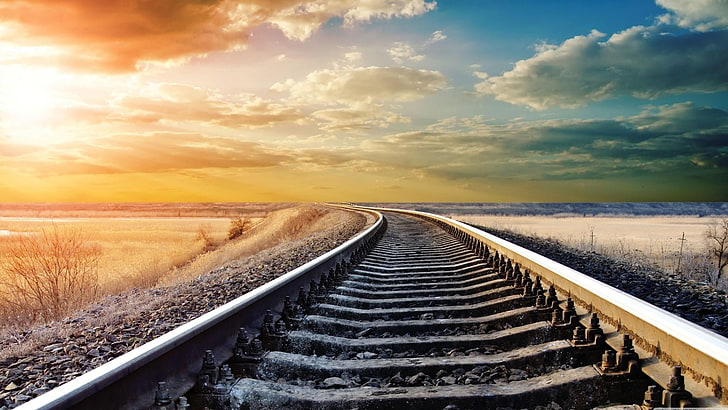 long, endless, sky, train tracks, tracks, horizon, HD wallpaper