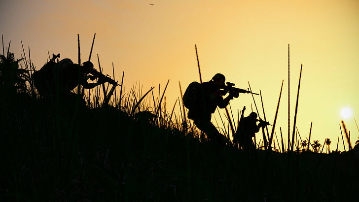 guns, military, silhouette, soldiers, weapons, HD wallpaper
