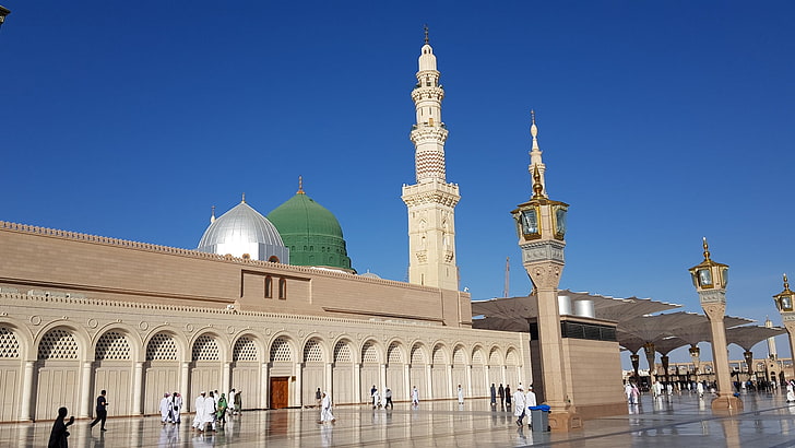 небо, здание, историческое место, туризм, исламский, аль-Масджид Набави, зеленый купол, купол, аль-Харам, Медина, Саудовская Аравия, Азия, голубое небо, HD обои
