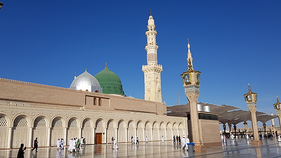himmel, byggnad, historisk plats, turism, islam, al masjid an nabawi, grön kupol, kupol, al haram, medina, Saudiarabien, Asien, blå himmel, HD tapet HD wallpaper