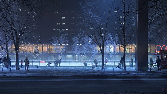 Anime, Original, Stadt, Nacht, Baum, Winter, HD-Hintergrundbild HD wallpaper