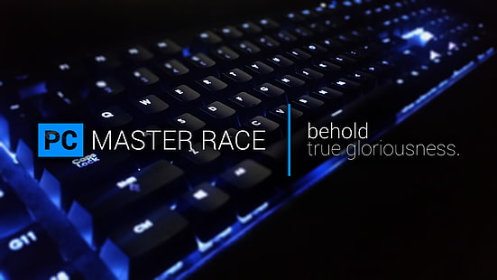 svart speltangentbord med blå LED, PC-spel, dator, tangentbord, Master Race, HD tapet HD wallpaper